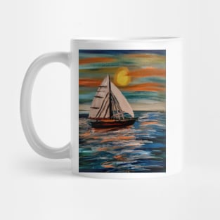 Sailing ship in the open ocean at sunset Mug